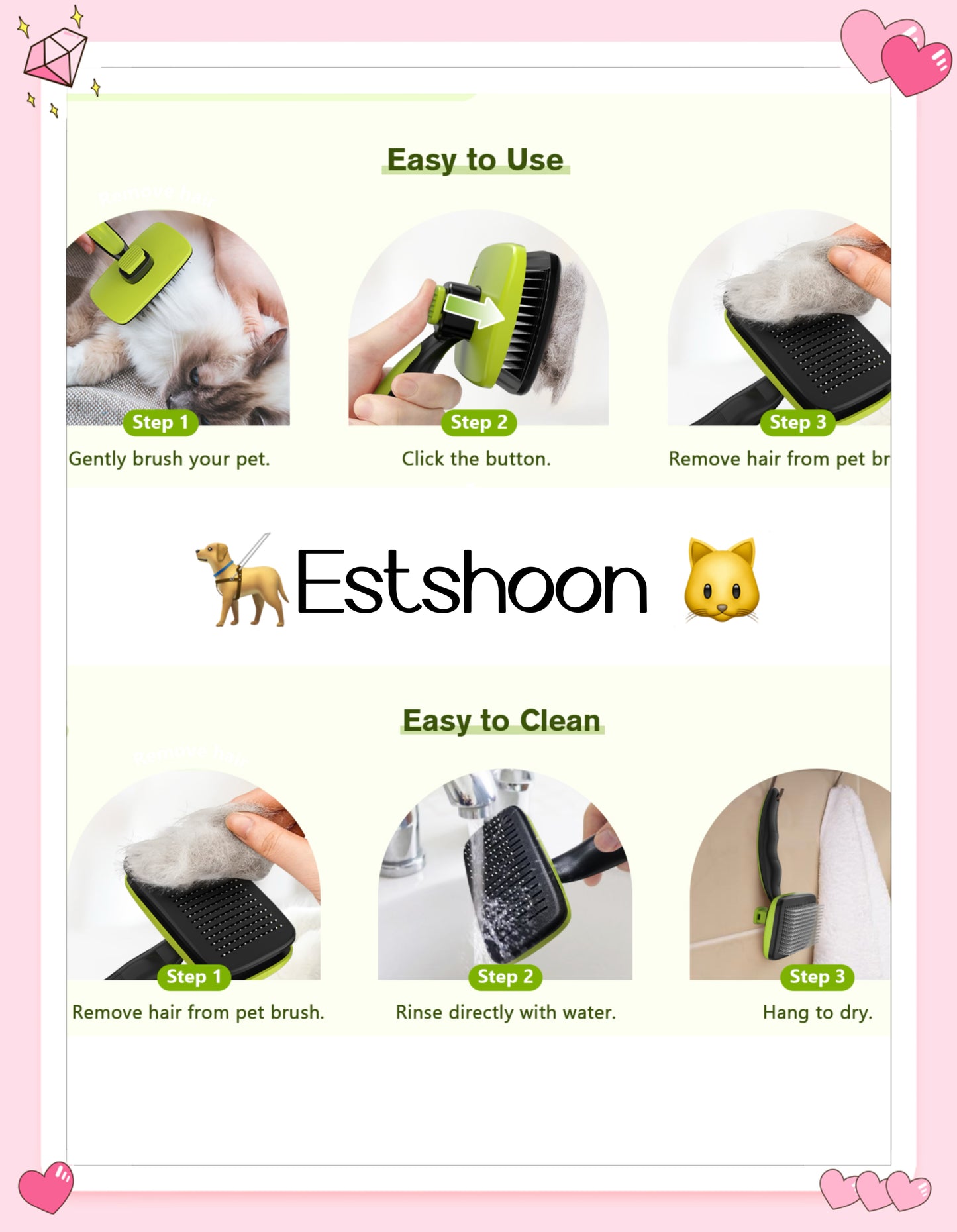 Estshoon Self-Cleaning Slicker Brush for Dogs, Cats, Lightweight Dog Brush for Shelling Massaging Grooming, Cat Brush Мяшчотна выдаляе падшэрстак для маленькіх сабак, Котак, Трусаў усіх тыпаў поўсці 
