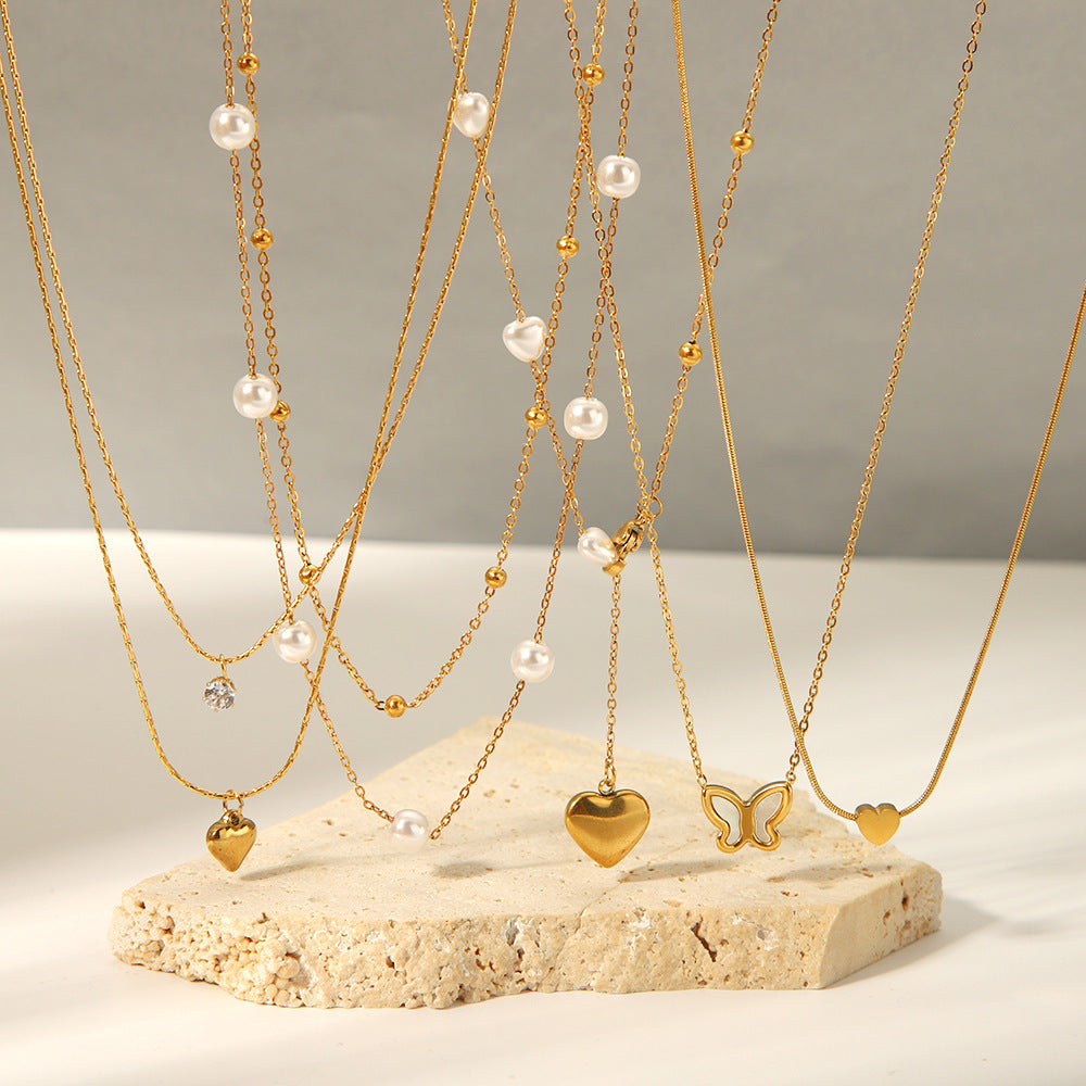 Ожерелье для женщин из 18-каратного золота, титановая сталь, жемчужная ракушка в форме сердца, легкая роскошная советская цепочка на шею