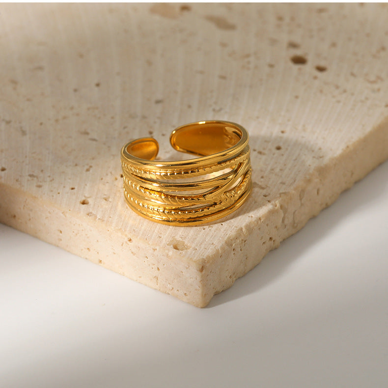 Ring FOR female retro niche design irregular oil pressure ring 18K gold  adjusted titanium steel opening ring
