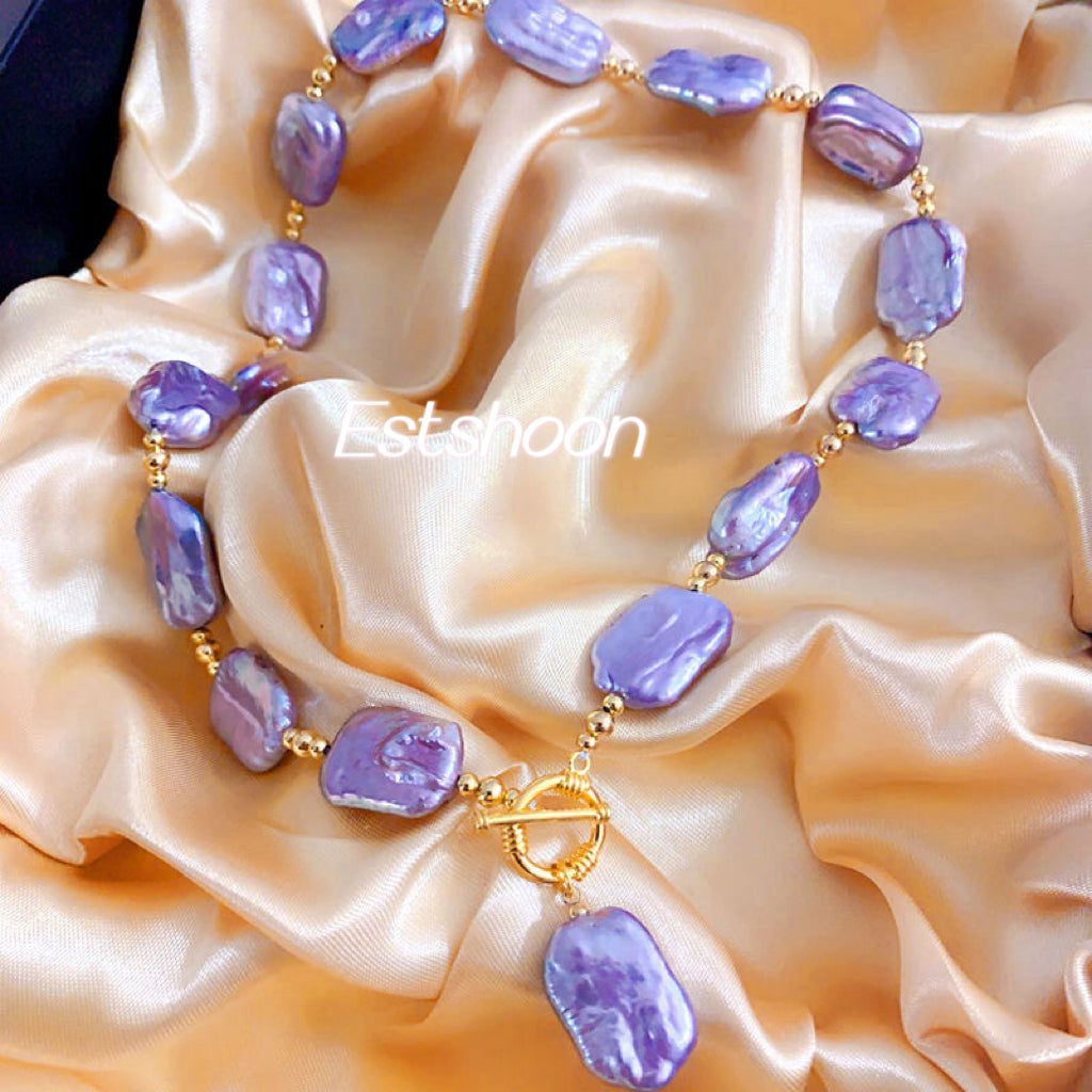 Purple, Baroque pearl necklace, 13-16mm, OT buckle, pearl necklace collarbone chain