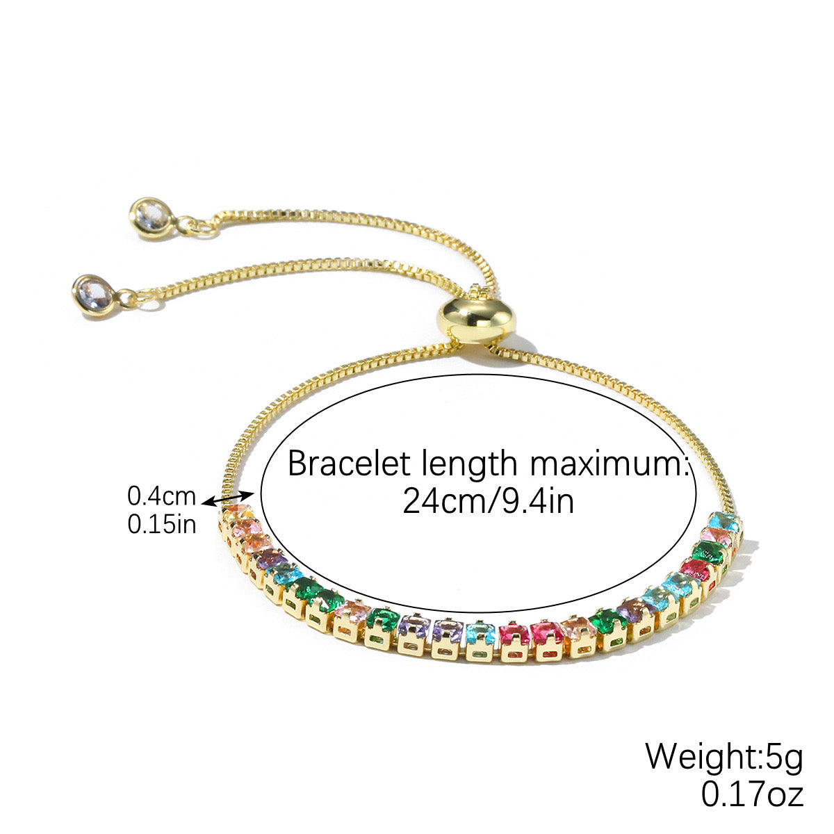 Colored zircon bracelet, square adjustable